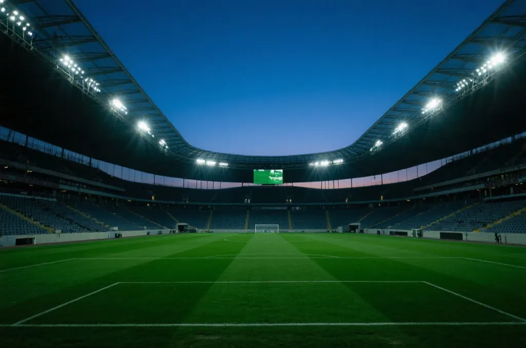 A generic modern soccer stadium interior at dusk under bright floodlights, empty green pitch, dramatic atmosphere, editorial photography